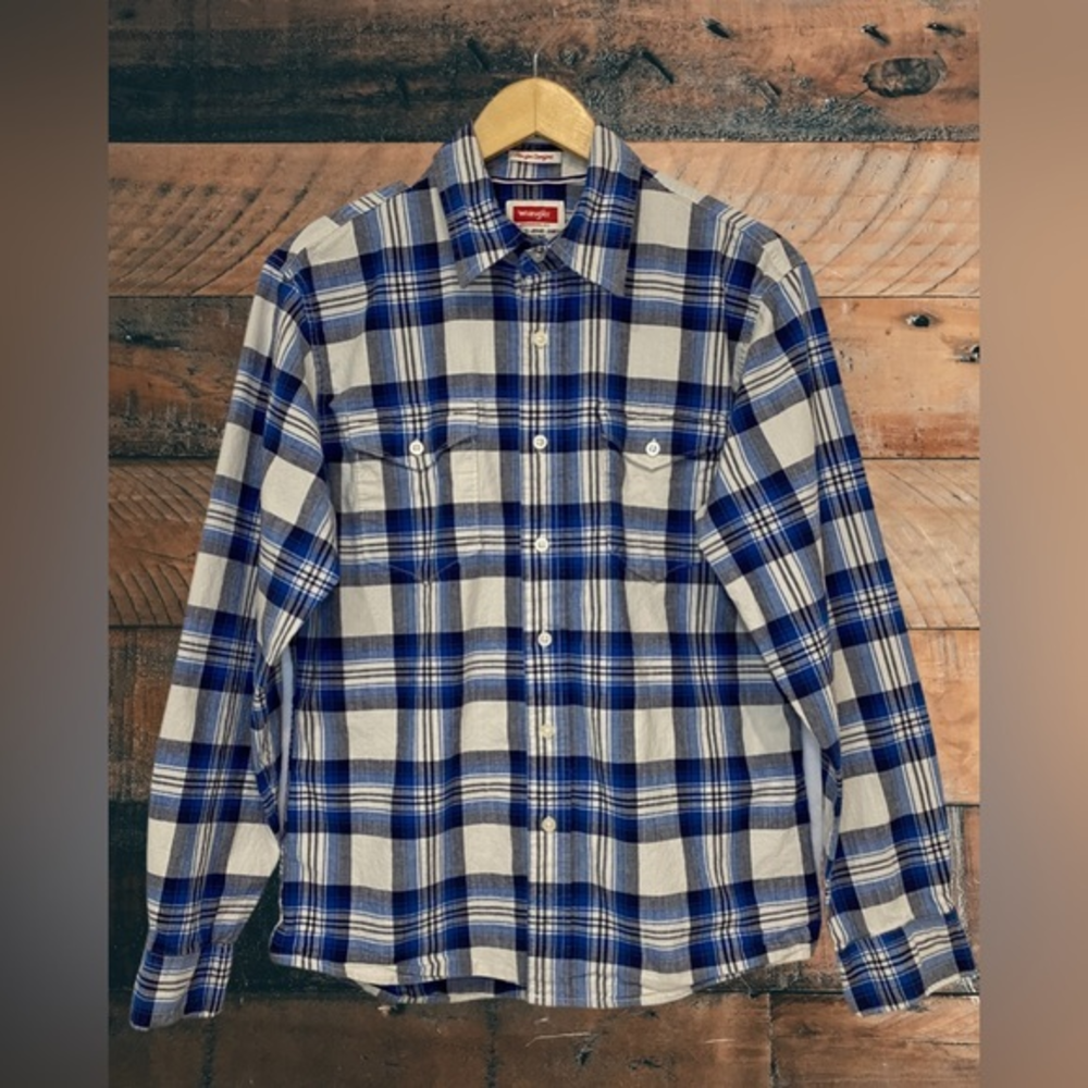 Wrangler Flex For Comfort Long Sleeve Shirt Blue White Plaid Button Down‎ Sz M